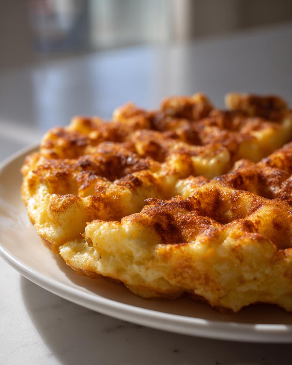 Close-up of a golden brown, fluffy cottage cheese waffle served on a white plate in bright light.