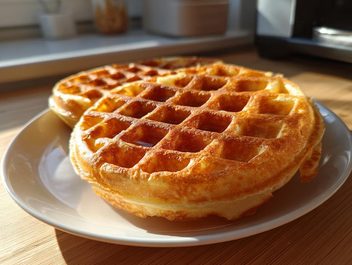 Two golden brown cottage cheese waffles healthy stacked slightly on a white plate in morning sunlight.