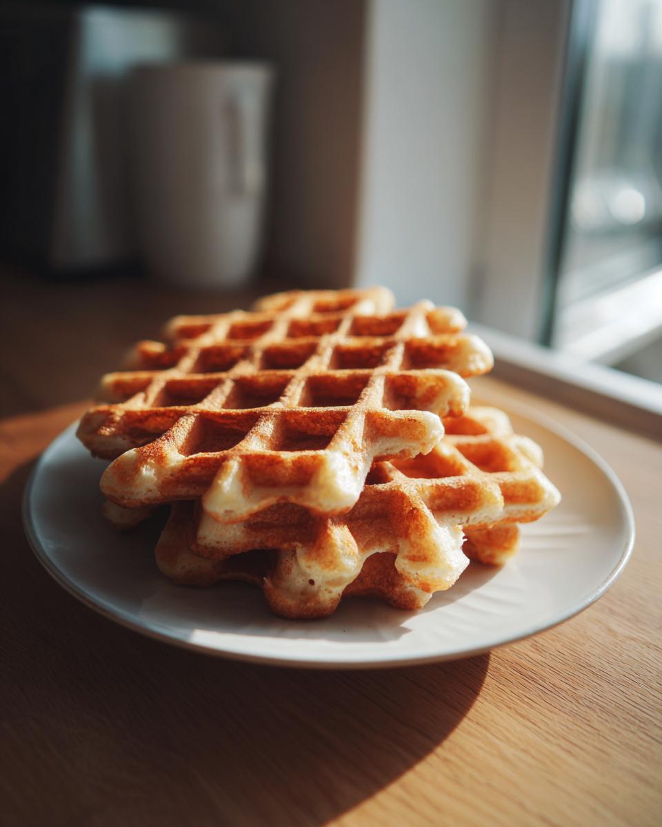 A stack of golden brown cottage cheese waffles healthy served on a white plate near a window.