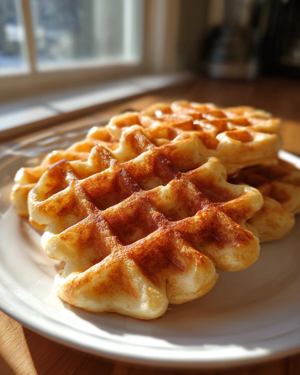 A stack of golden brown, fluffy cottage cheese waffles healthy served on a white plate near a sunny window.