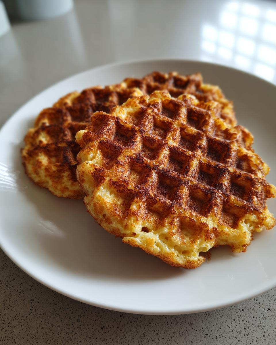 Two golden brown, crispy cottage cheese waffles low carb served on a simple white plate.