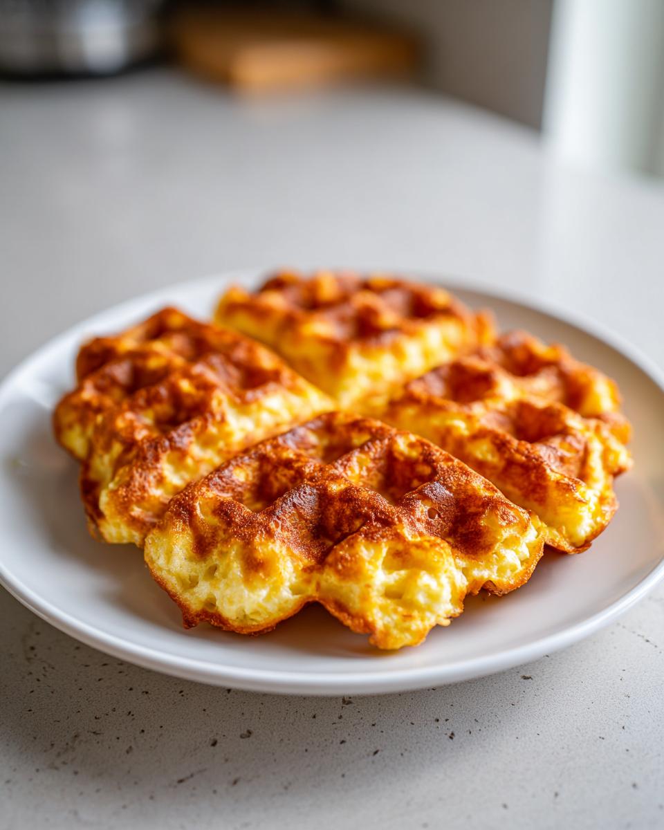 Four golden brown, fluffy cottage cheese waffles low carb served on a white plate.