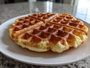 A perfectly golden brown cottage cheese waffles low carb served on a white plate, showing crisp edges.