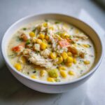 Close-up of a creamy bowl of crab and corn soup, featuring shredded crab meat and bright yellow corn kernels.