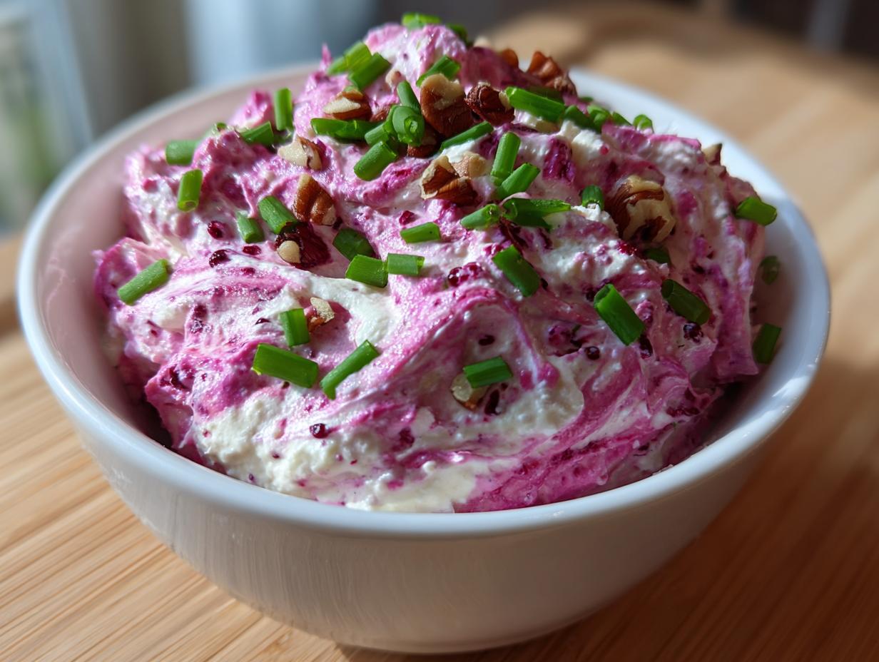 Close-up of vibrant pink and white cranberry jalapeno cream cheese dip topped with chopped pecans and chives.