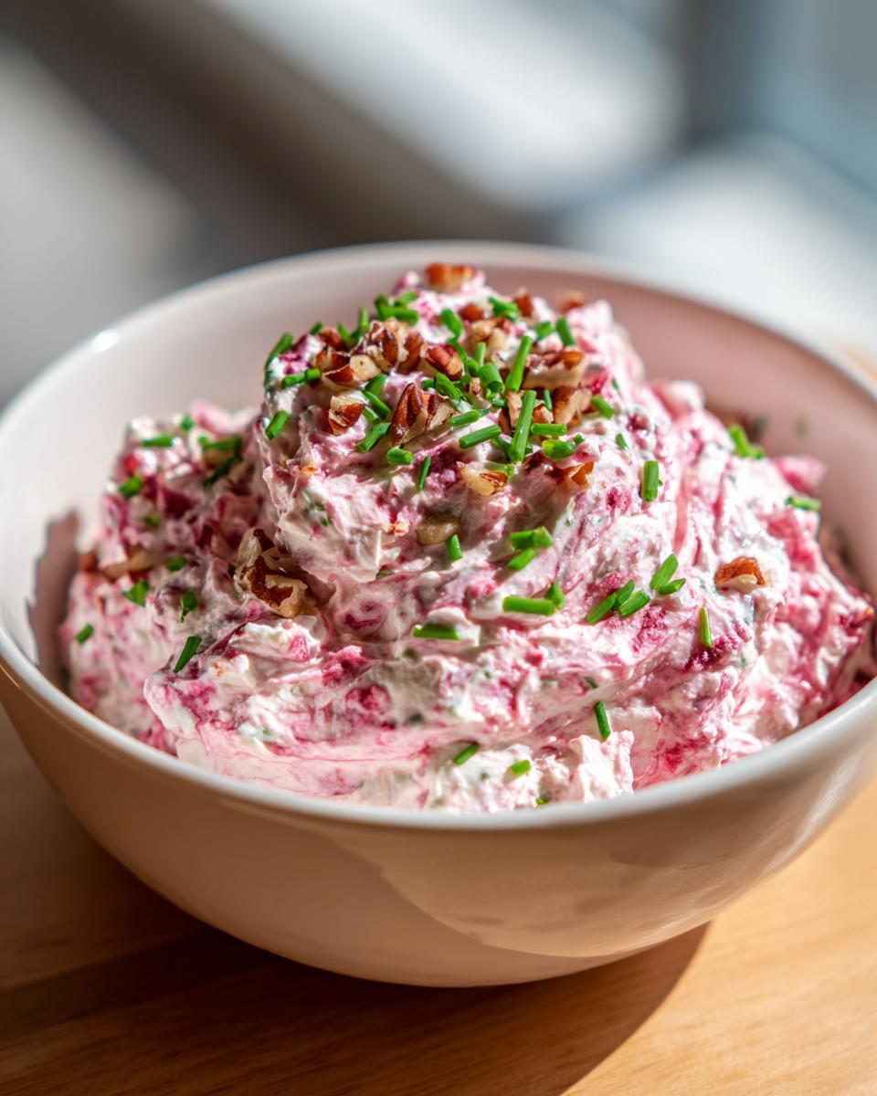 Close-up of amazing cranberry jalapeno cream cheese dip, topped with chopped pecans and chives.