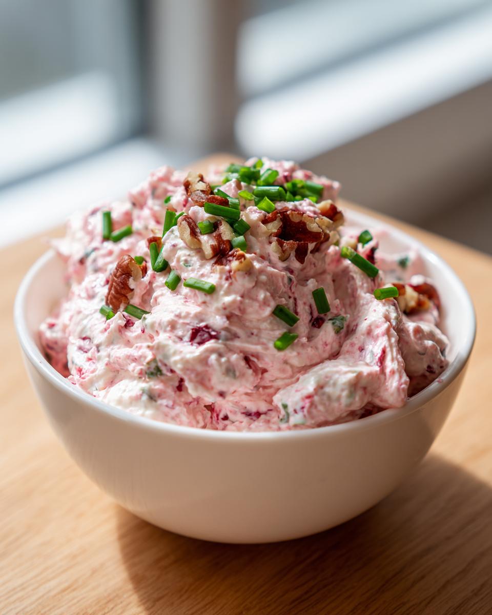 A bowl of pink cranberry jalapeno cream cheese dip topped with pecans and chives.