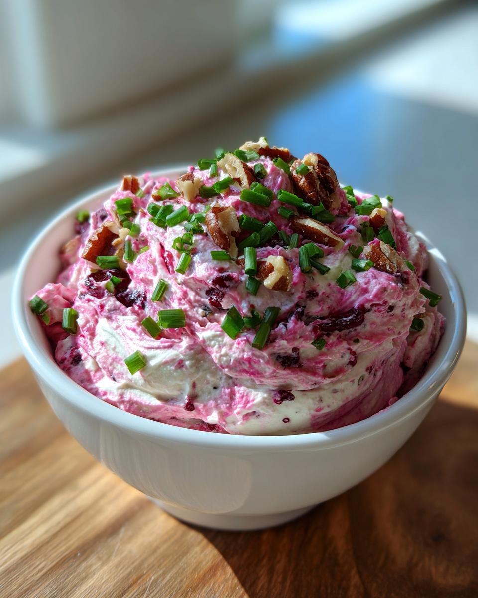 Close-up of vibrant pink cranberry jalapeno cream cheese dip topped with pecans and chives.