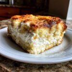 A thick, square slice of cream cheese stuffed french toast casserole with a golden-brown top and rich, creamy white filling.
