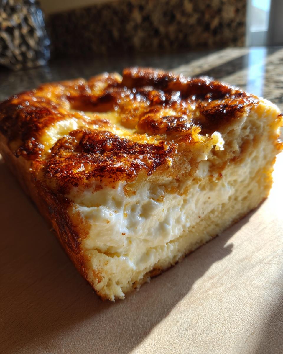Close-up of a thick slice of cream cheese stuffed french toast casserole with a caramelized top.