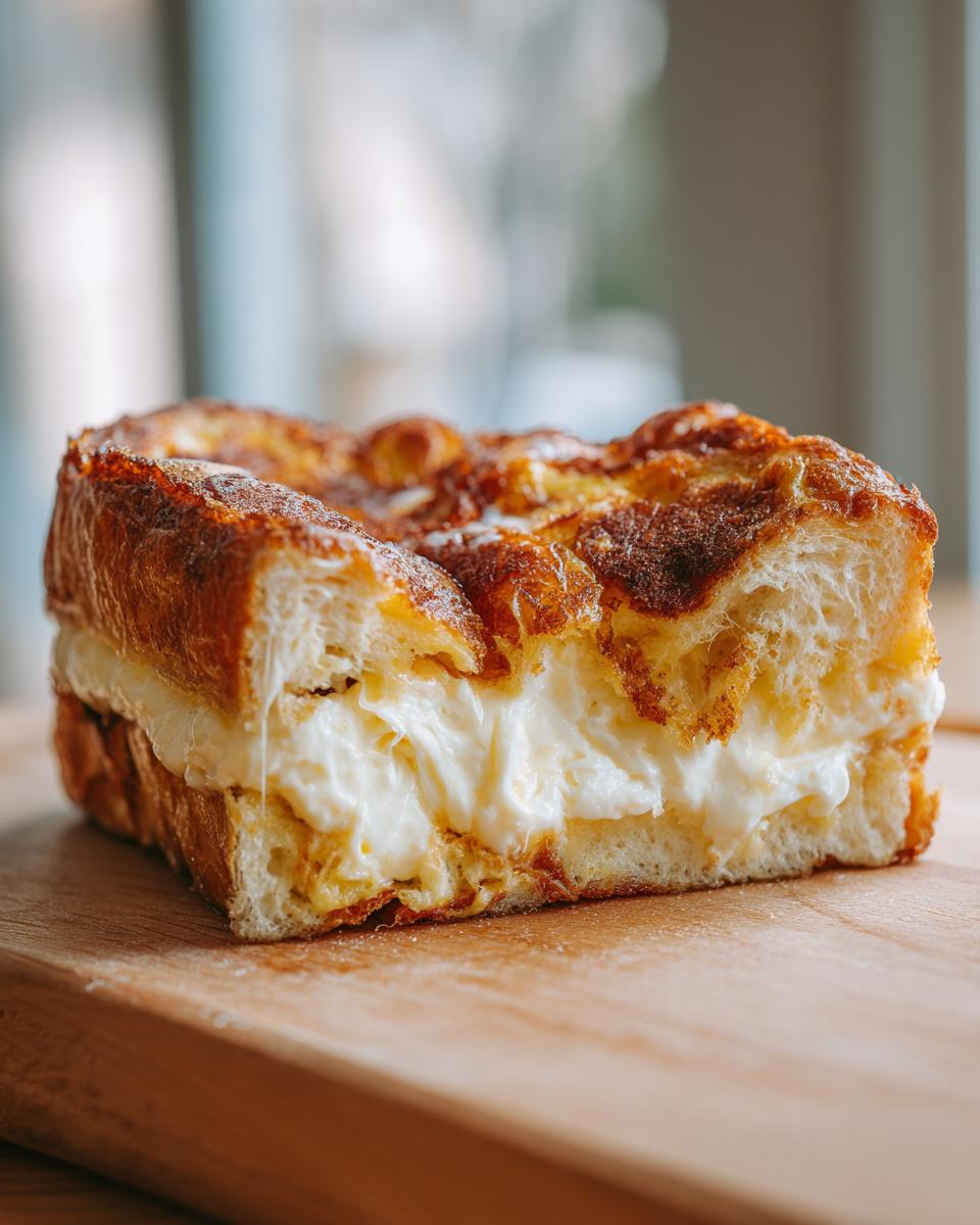 A thick, golden-brown slice of cream cheese stuffed french toast casserole showing a gooey, rich cream cheese filling.
