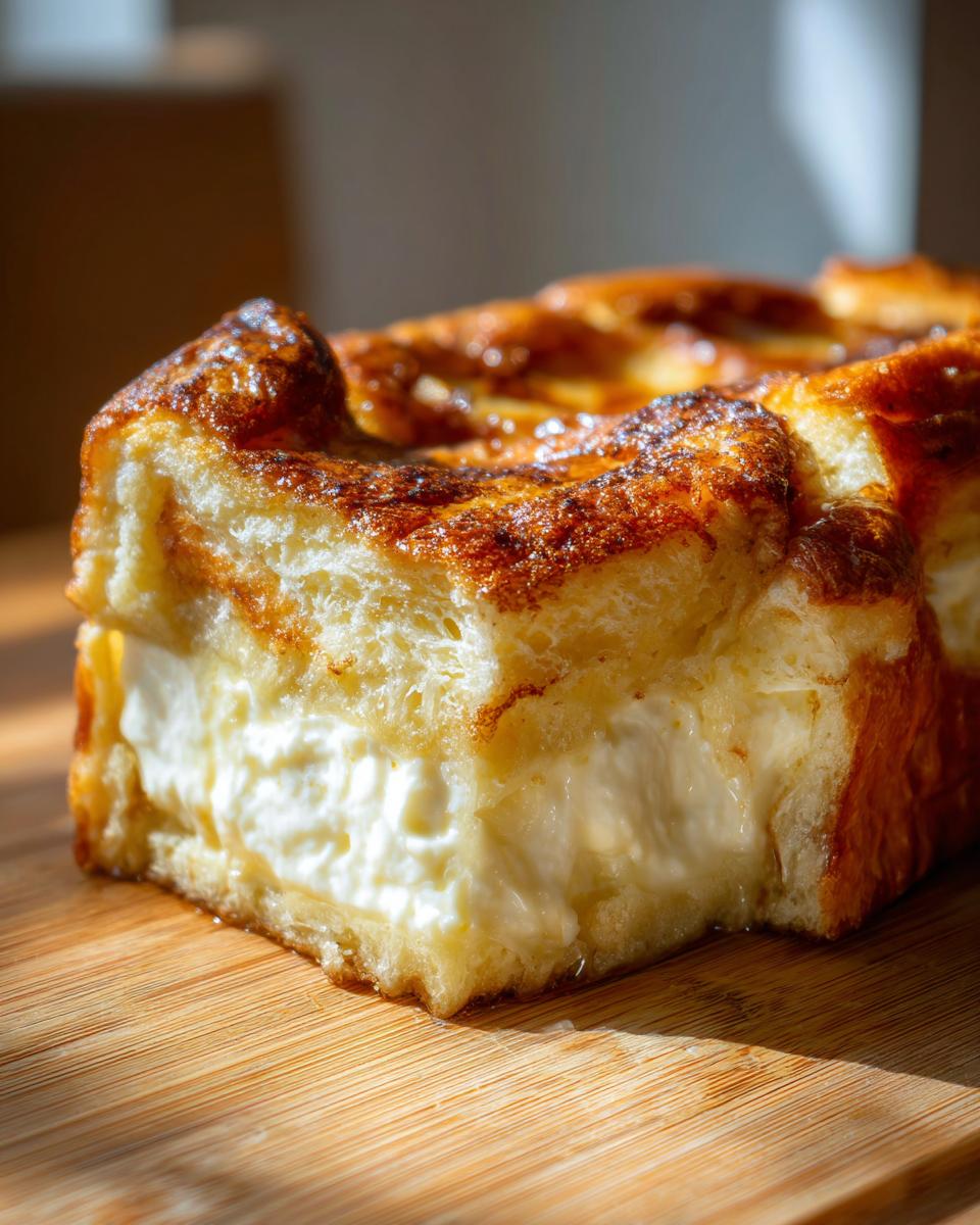 A thick slice of golden brown cream cheese stuffed french toast casserole showing the creamy white filling.