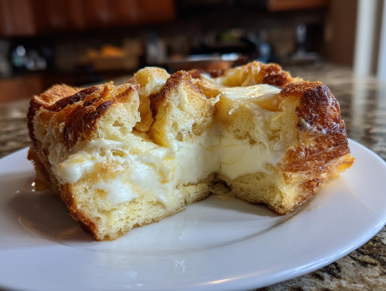 A close-up of a thick slice of cream cheese stuffed french toast casserole showing the golden-brown crust and creamy center.