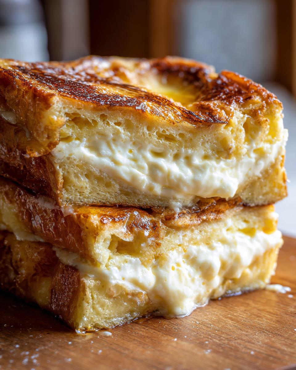 Two stacked squares of golden brown cream cheese stuffed french toast casserole showing the thick, creamy filling.