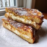 Two halves of golden brown cream cheese stuffed french toast stacked on a white plate, dusted with powdered sugar.