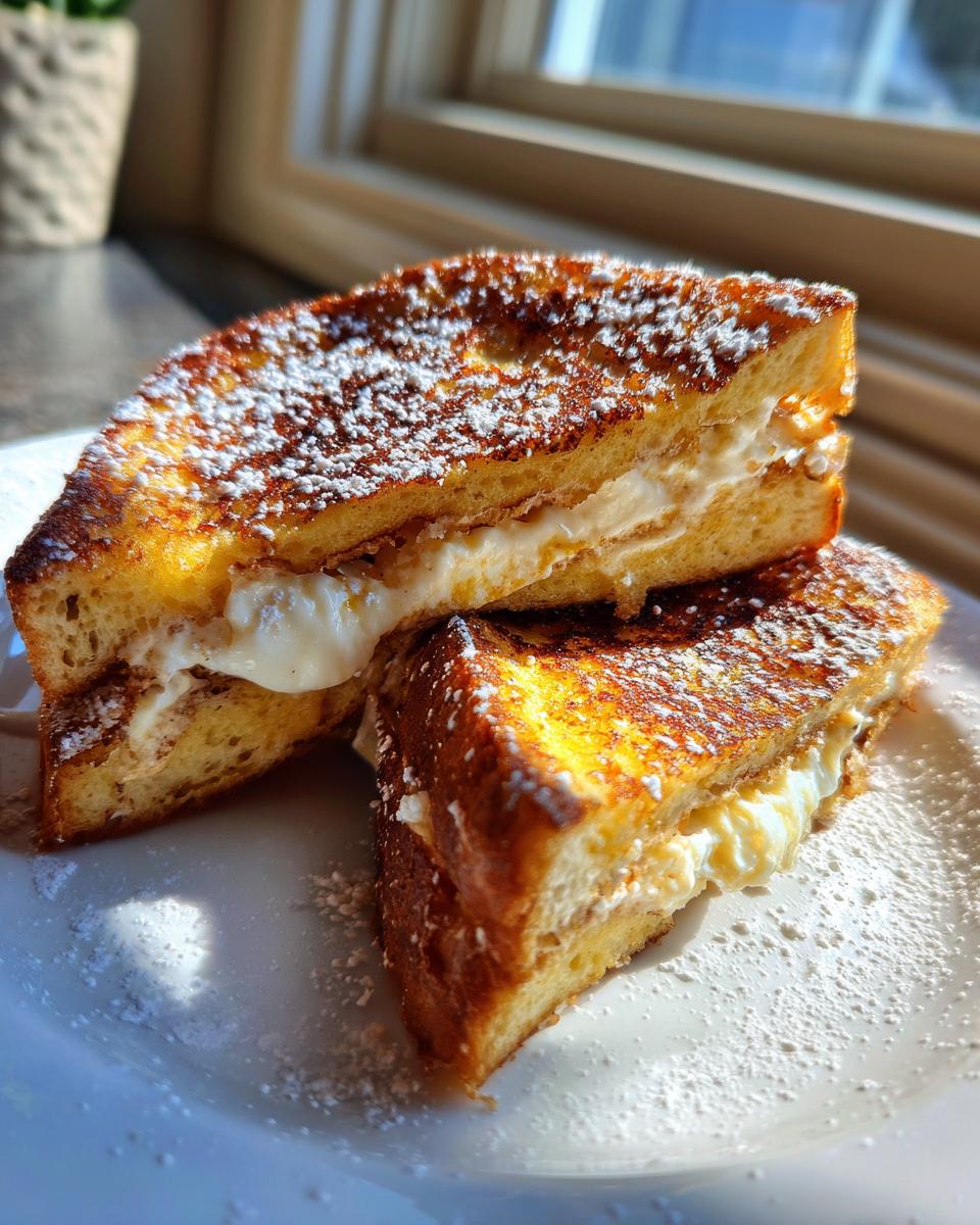 Two golden-brown halves of cream cheese stuffed french toast dusted with powdered sugar.