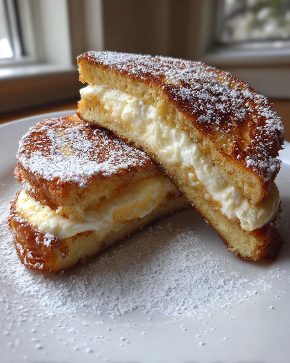 Two halves of golden brown cream cheese stuffed french toast dusted heavily with powdered sugar.
