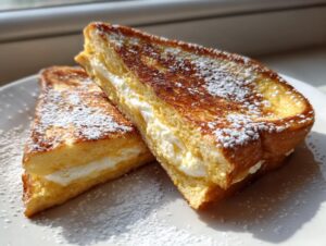 Two golden brown halves of cream cheese stuffed french toast dusted with powdered sugar.