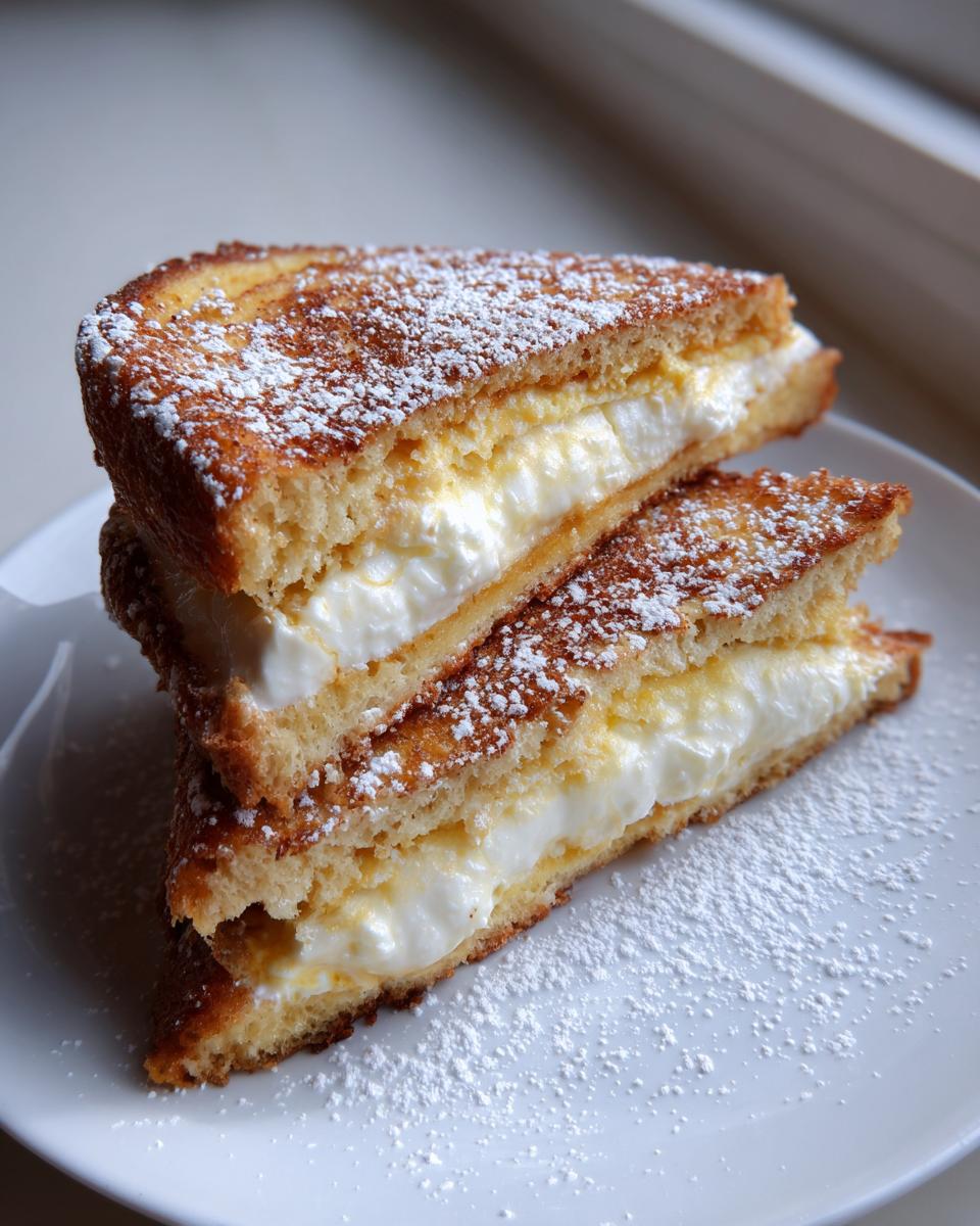 Two halves of cream cheese stuffed french toast stacked on a white plate, dusted with powdered sugar.