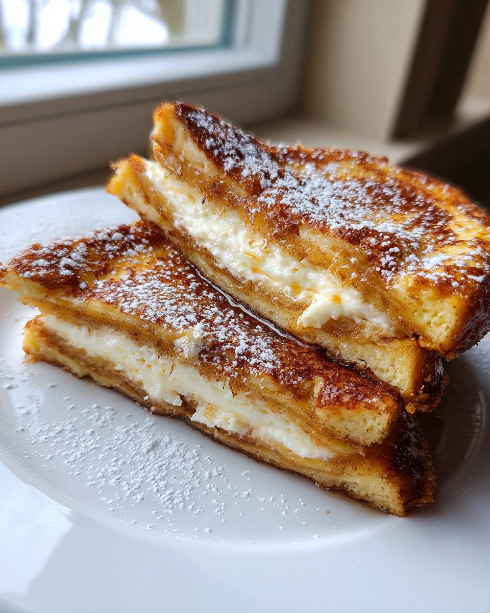 Two halves of golden brown cream cheese stuffed french toast stacked on a white plate, dusted with powdered sugar.