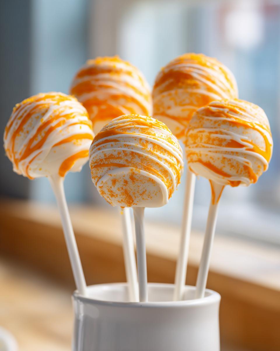 Five bright creamsicle cake pops dipped in white chocolate with orange drizzle standing in a white mug.