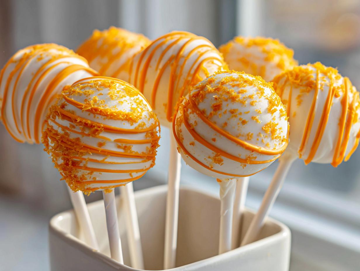 A cluster of white-dipped creamsicle cake pops decorated with orange drizzles and sprinkles.