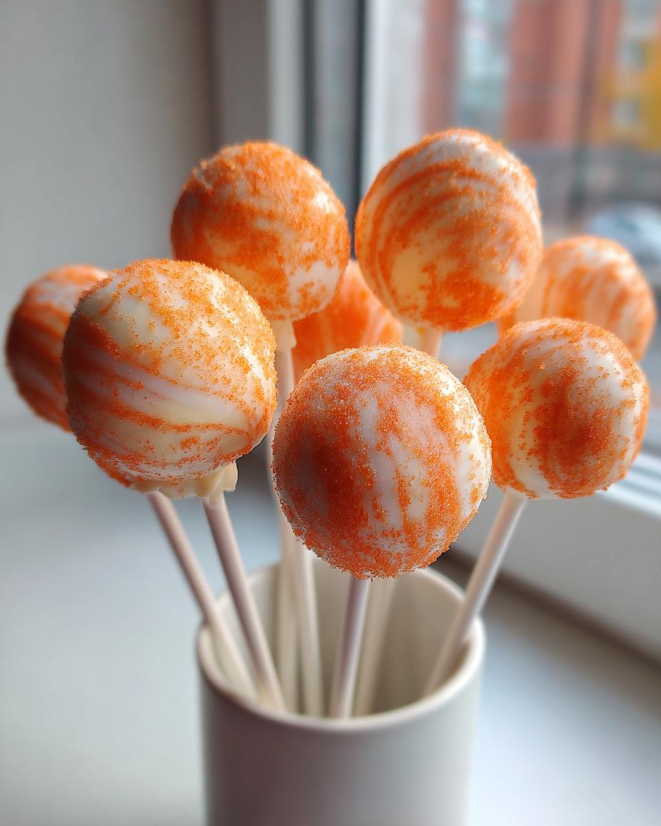 A bouquet of creamsicle cake pops dipped in white coating with orange swirls and sprinkles, held in a white mug.