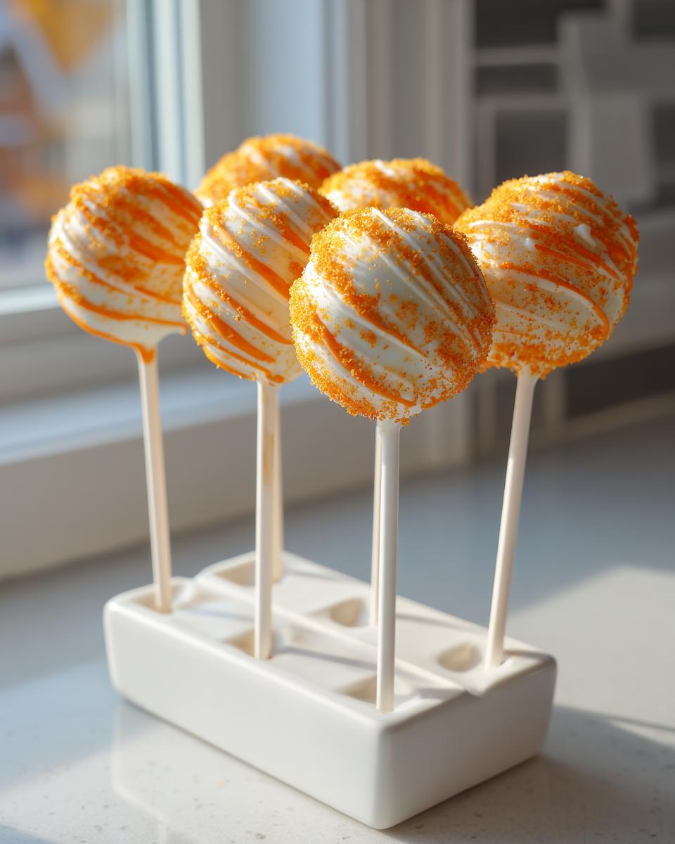 A close-up of six creamsicle cake pops dipped in white chocolate with orange drizzle and sprinkles, held upright in a white stand.