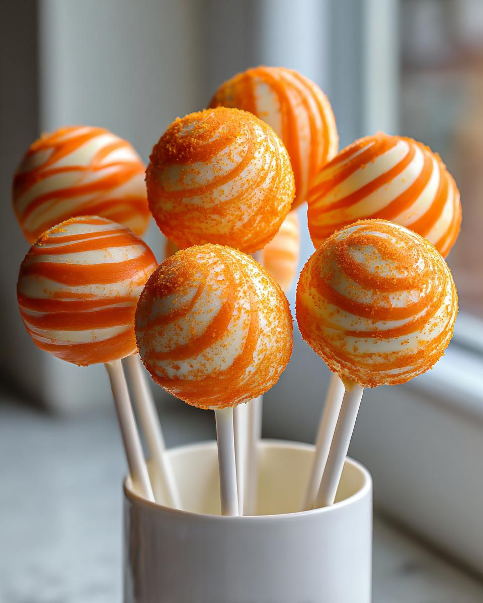 A cluster of orange and white swirled creamsicle cake pops standing upright in a white mug.