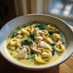Close-up of creamy chicken tortellini soup with shredded chicken and wilted spinach in a white bowl.