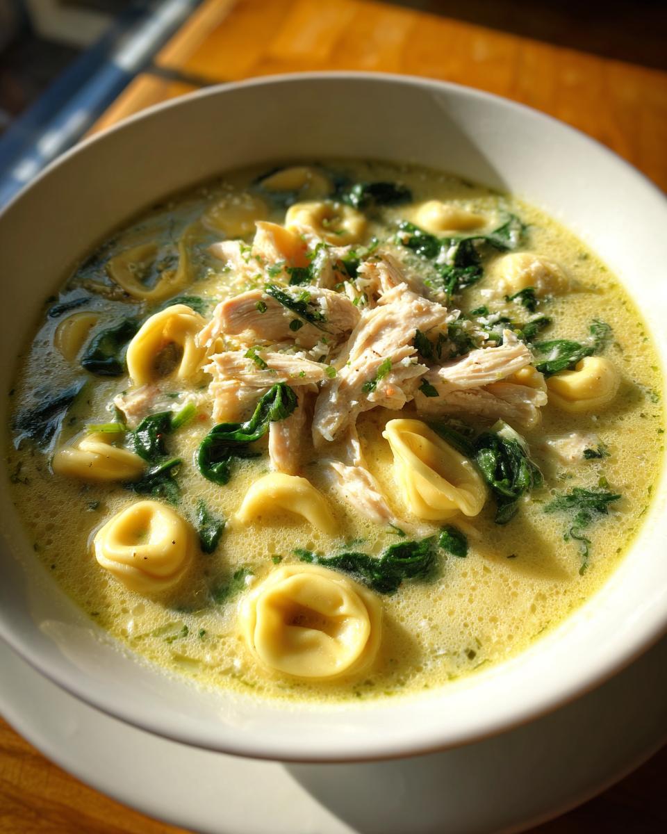 Close-up of creamy chicken tortellini soup topped with shredded chicken, spinach, and herbs.