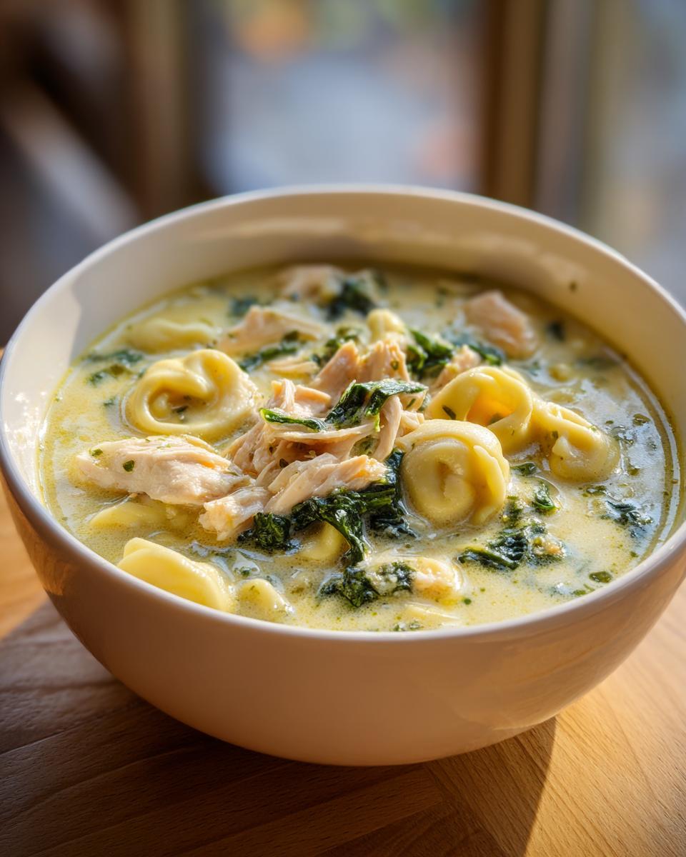 A close-up of a creamy bowl of chicken tortellini soup with shredded chicken and spinach.