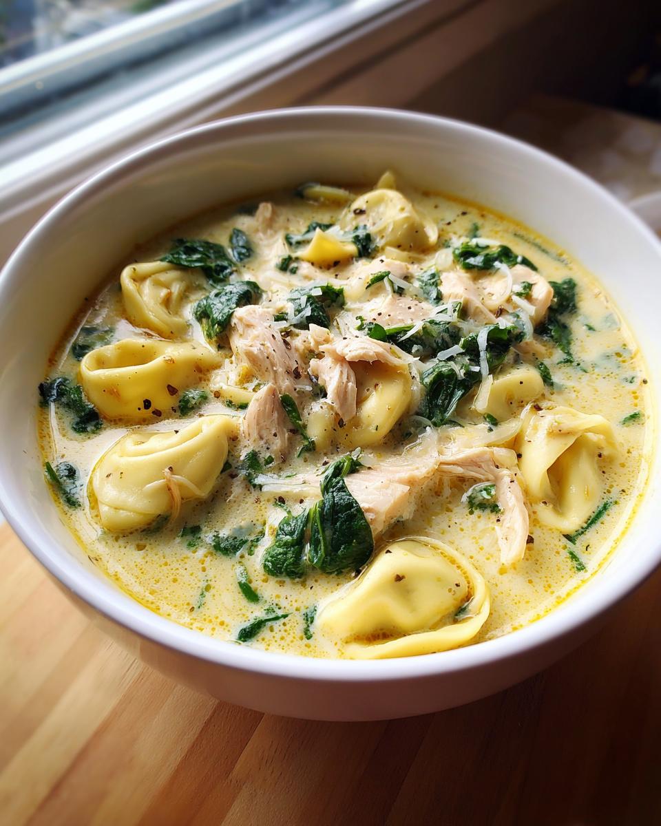 Close-up of creamy chicken tortellini soup with spinach and grated Parmesan cheese.