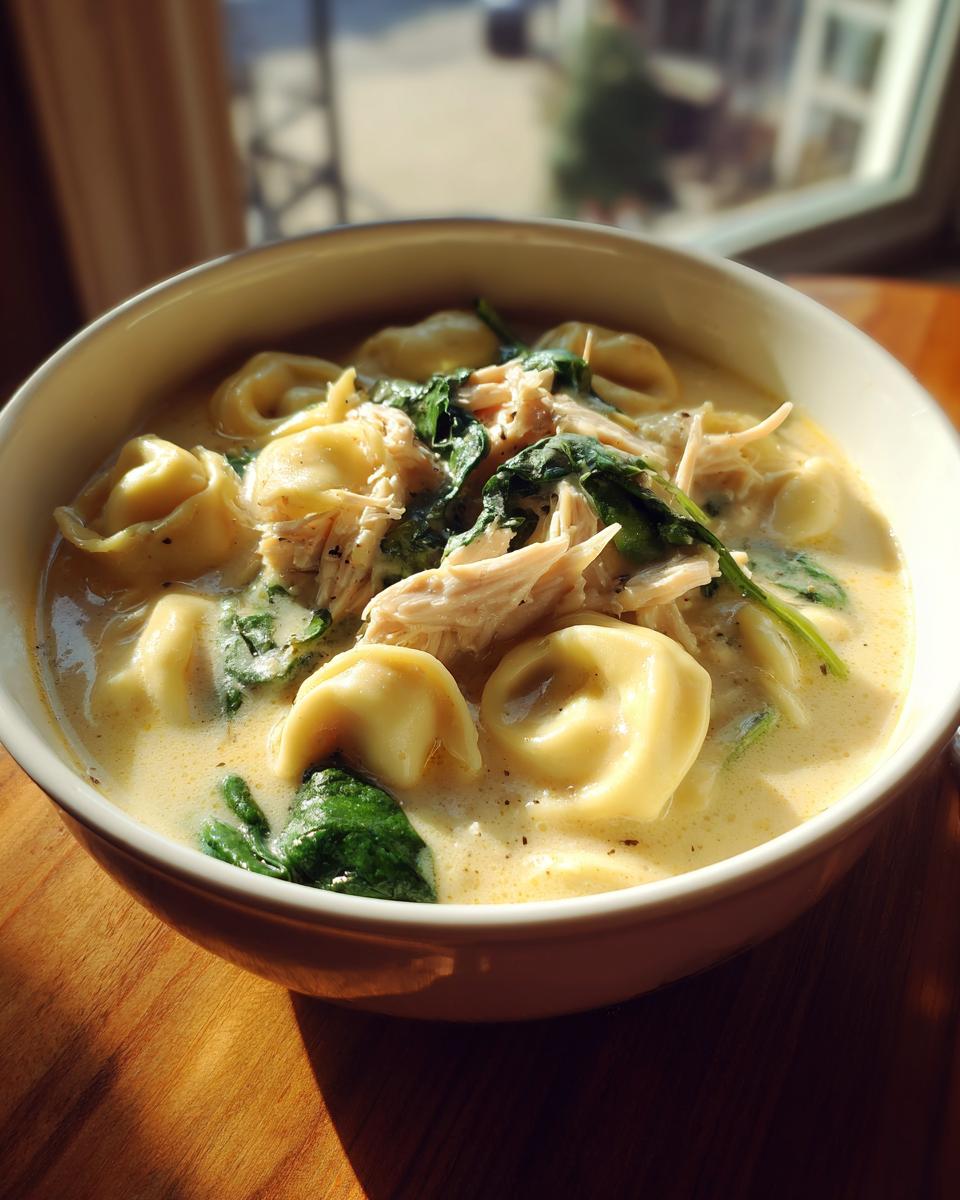 A close-up of a bowl of creamy chicken tortellini soup topped with shredded chicken and wilted spinach.