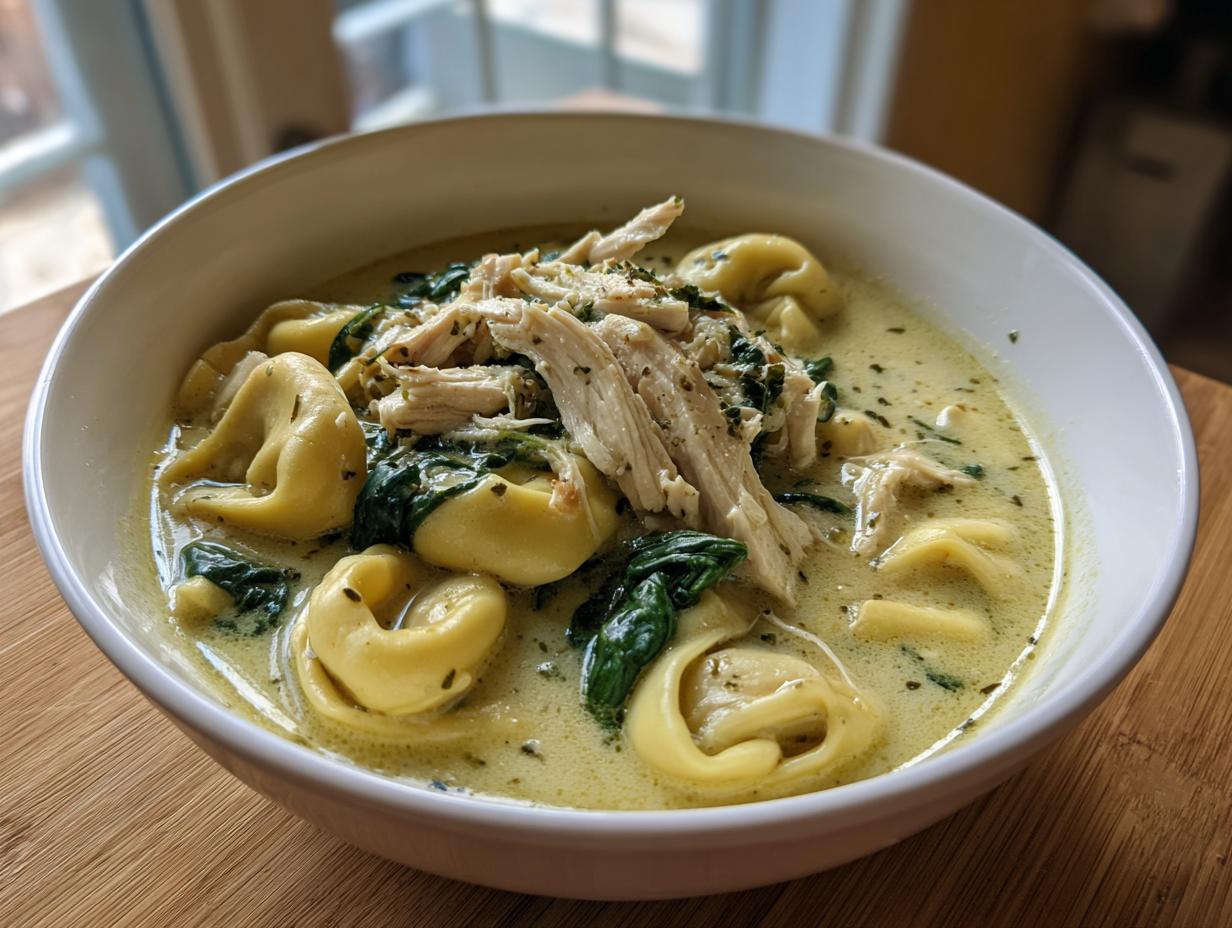 A close-up of a white bowl filled with creamy chicken tortellini soup, featuring shredded chicken and spinach.