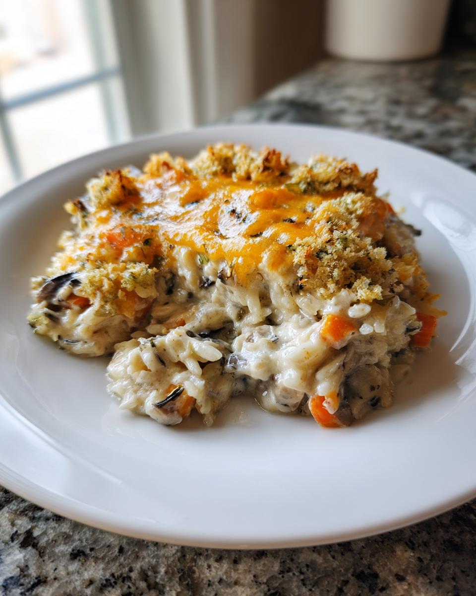 A scoop of creamy chicken wild rice casserole topped with melted cheddar cheese and breadcrumbs.