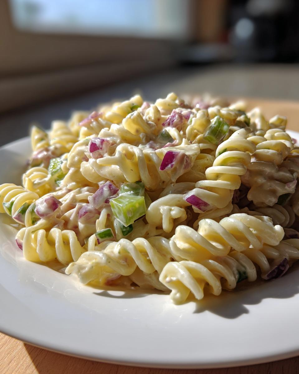Close-up of creamy cold tuna pasta salad made with fusilli pasta, red onion, and celery.