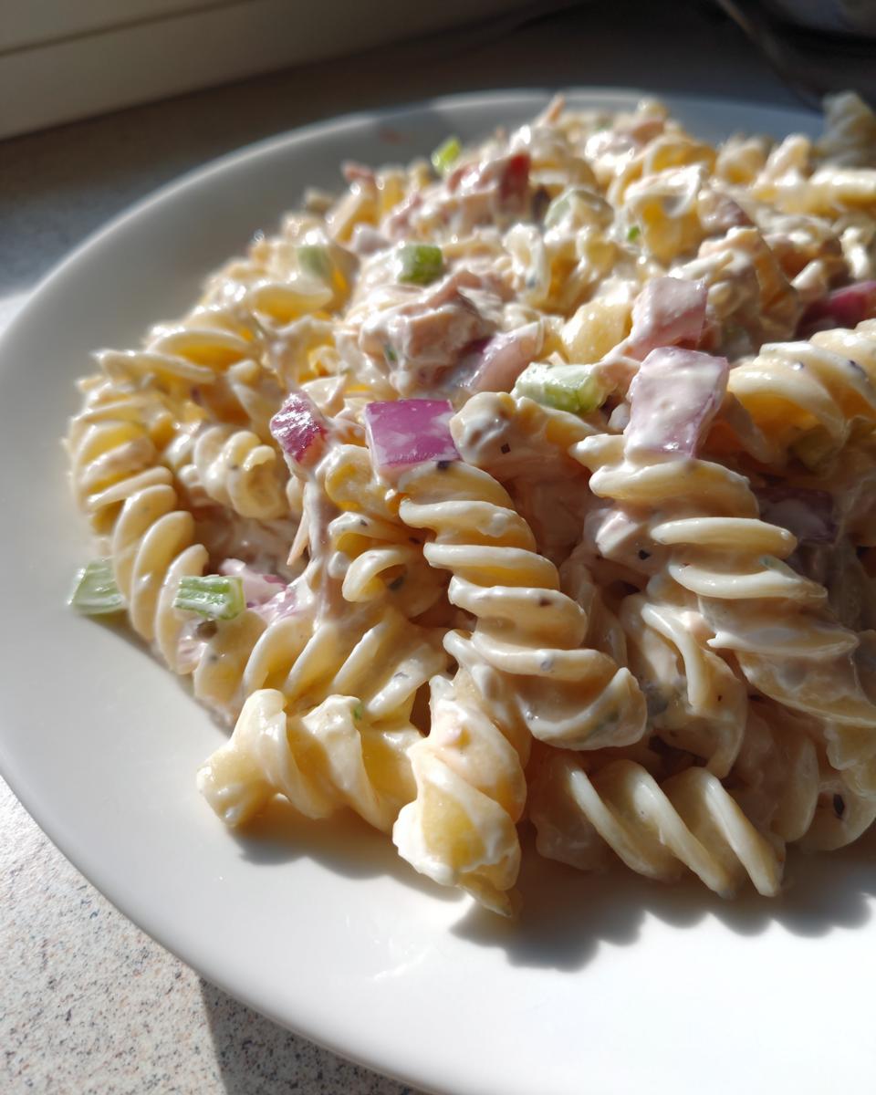 Close-up of creamy cold tuna pasta salad made with rotini pasta, red onion, and celery chunks on a white plate.