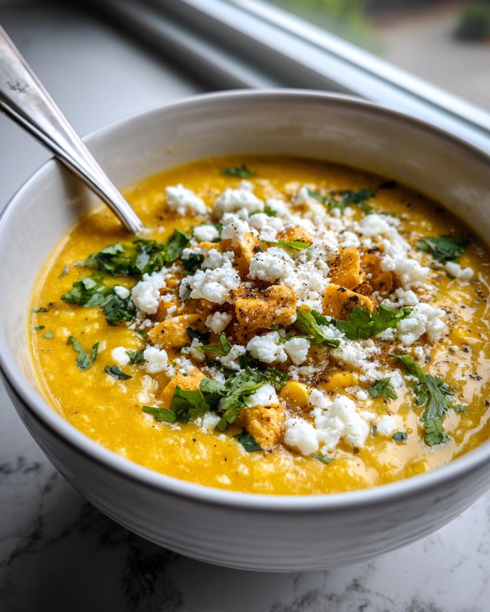 A close-up of creamy corn soup topped with crumbled white cheese, cilantro, and seasoned croutons.