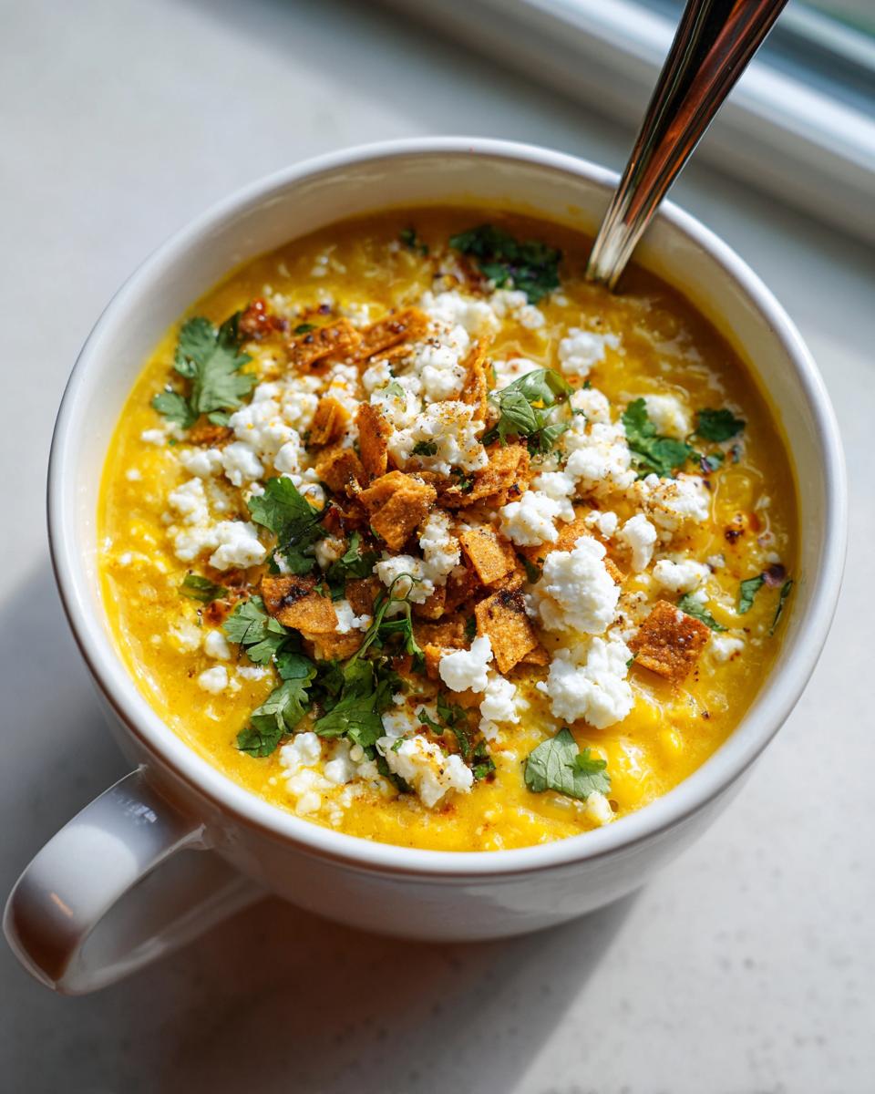 A close-up overhead shot of creamy corn soup topped generously with crumbled white cheese, cilantro, and tortilla strips.