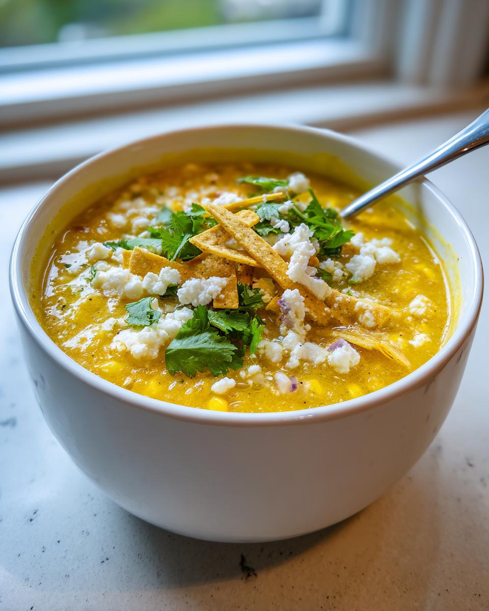 Close-up of a bowl of creamy corn soup garnished with cotija cheese, cilantro, and tortilla strips.