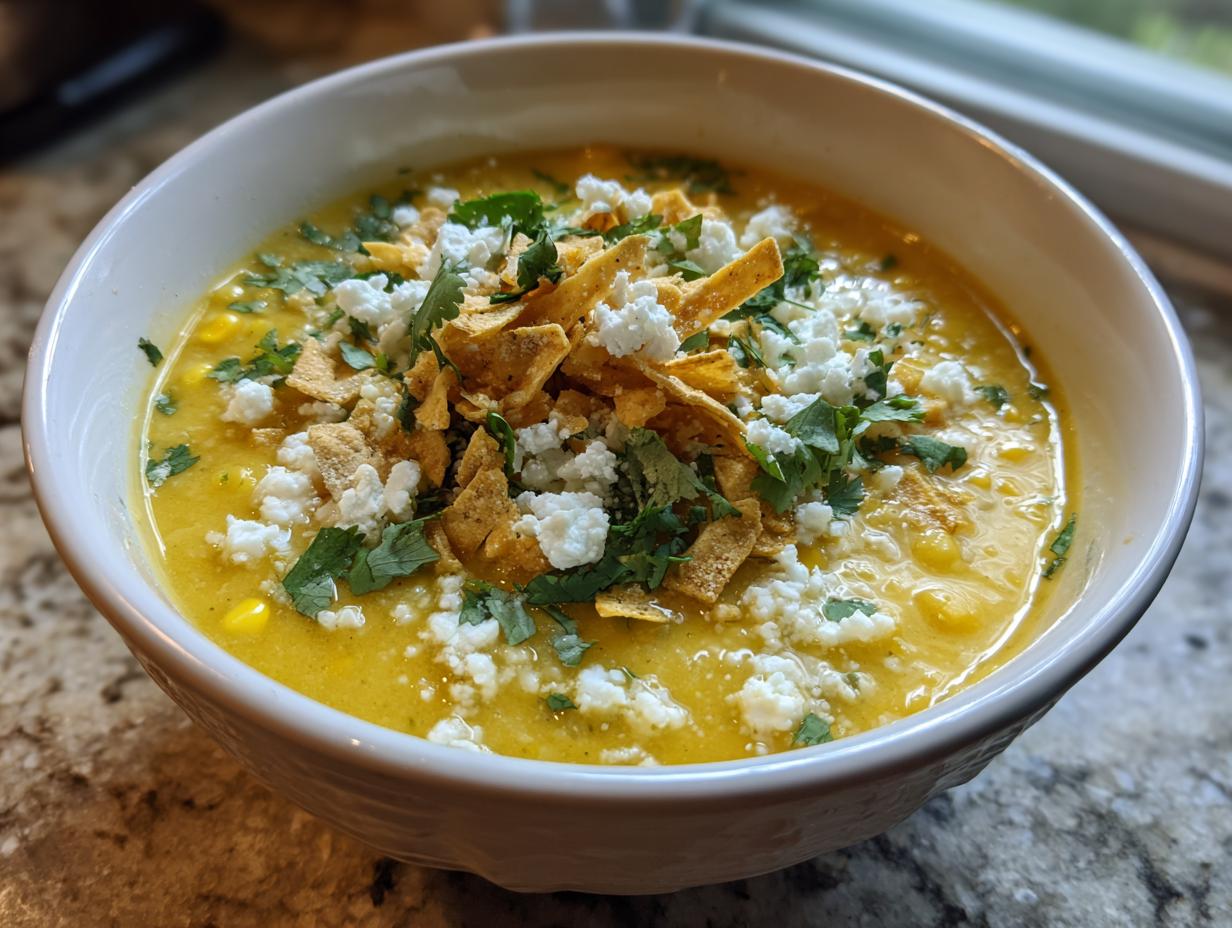 A close-up of a bowl of creamy corn soup topped with crumbled white cheese, cilantro, and tortilla strips.