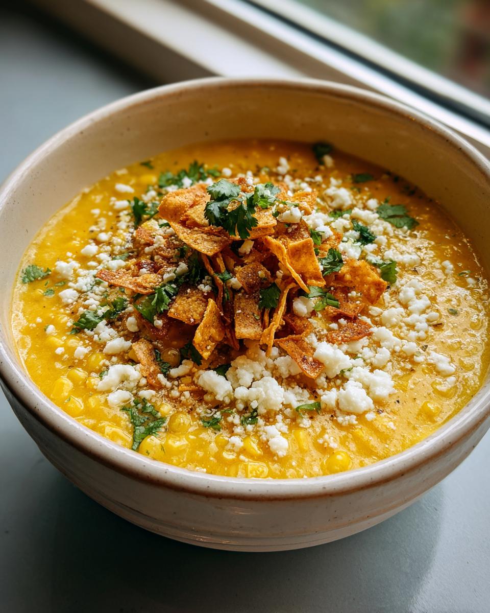 A close-up of a bowl of rich, creamy corn soup topped with crumbled white cheese, crispy tortilla strips, and fresh cilantro.