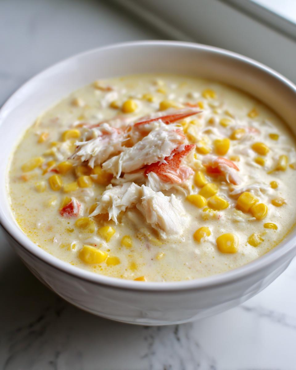 Close-up of a bowl of creamy crab and corn soup topped generously with white and red flaked crab meat.
