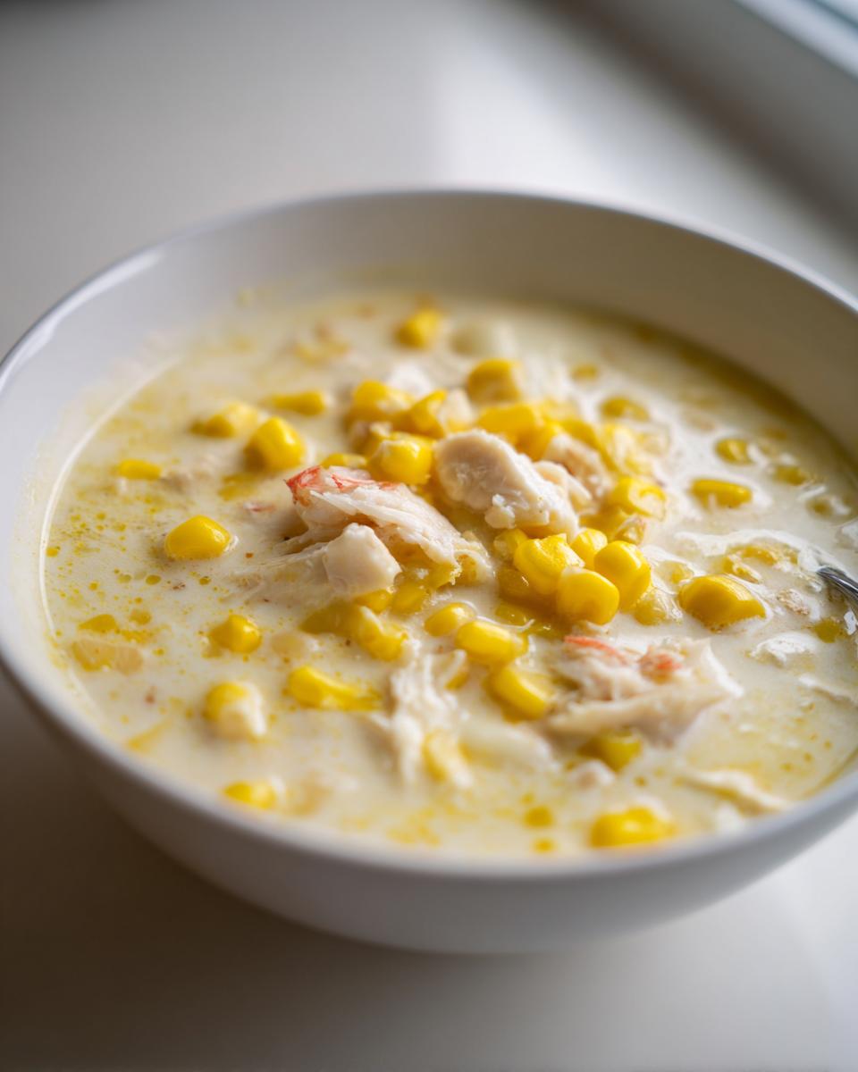 A close-up view of creamy crab and corn soup, featuring bright yellow corn kernels and white crab meat in a white bowl.