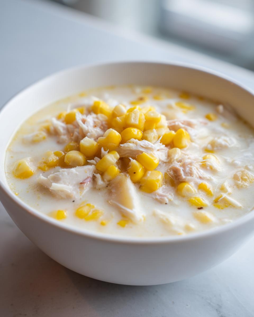 Close-up of a bowl of creamy crab and corn soup, topped generously with bright yellow corn kernels.