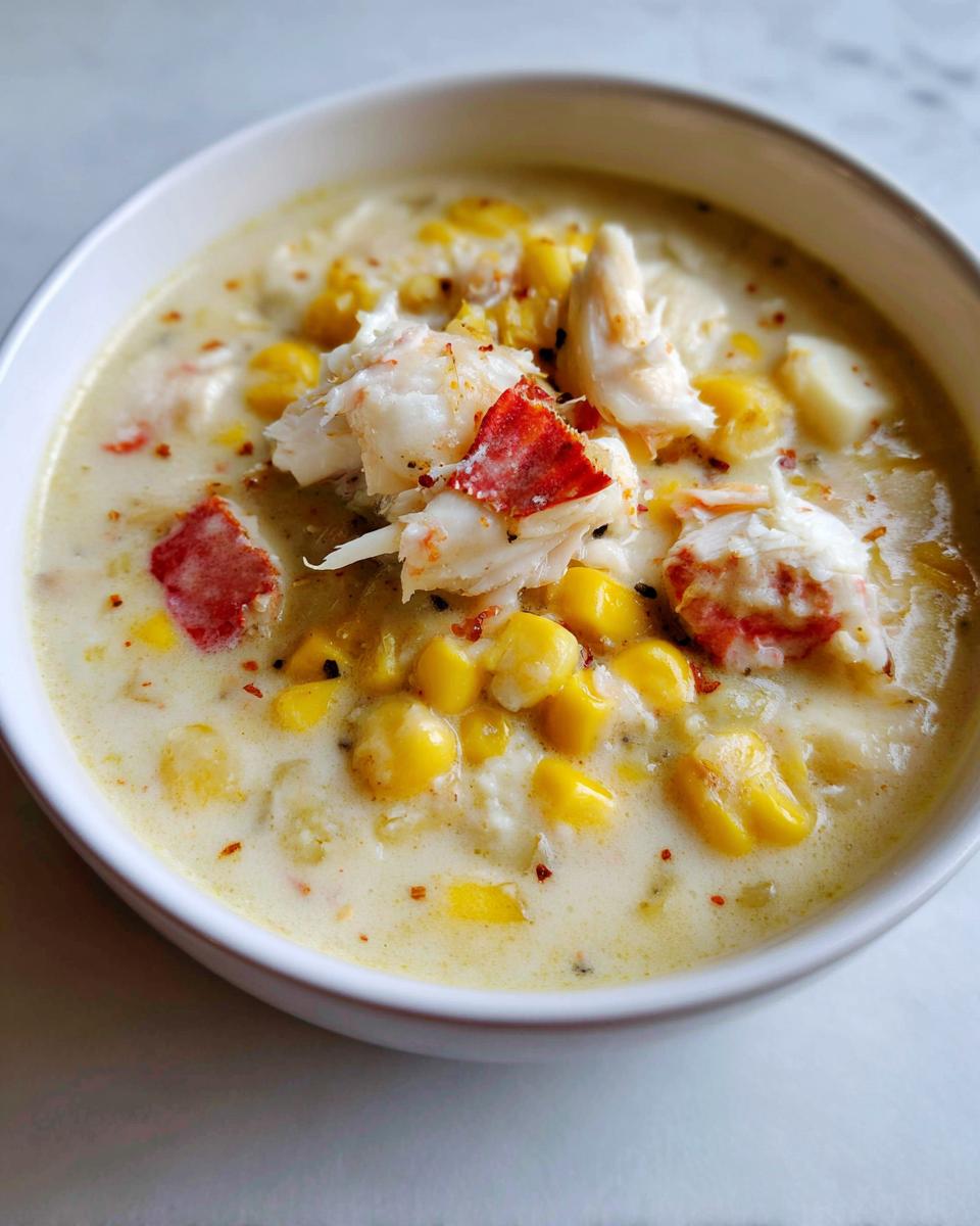 A close-up of a white bowl filled with creamy crab and corn soup, topped generously with chunks of white crab meat.