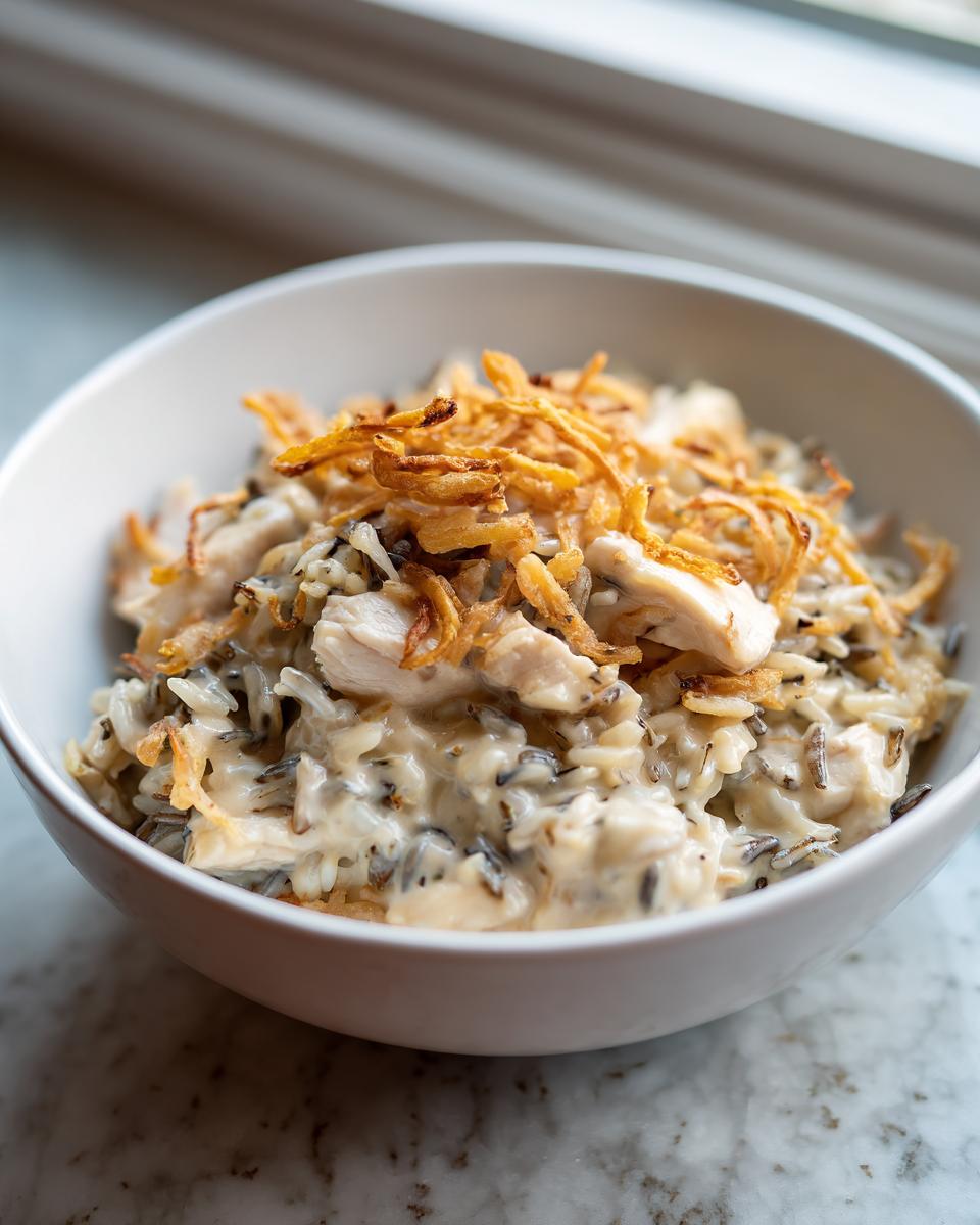 Close-up of a white bowl filled with creamy garlic chicken wild rice casserole topped with crispy fried onions.