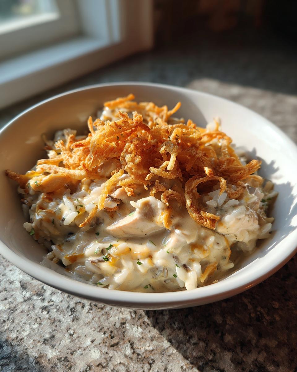 A bowl of creamy garlic chicken wild rice casserole topped with crispy fried onions, served near a window.