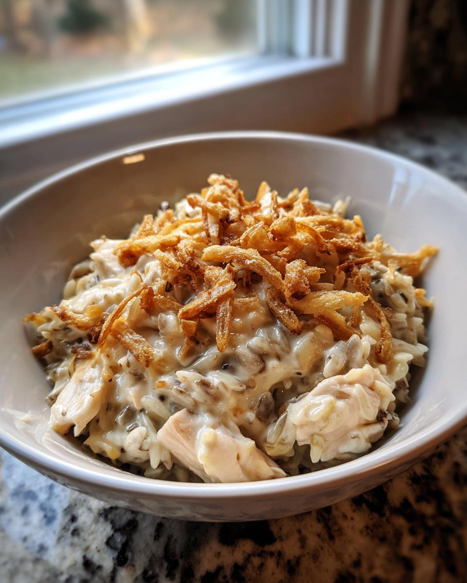 A bowl of creamy garlic chicken wild rice casserole topped with crispy fried onions.
